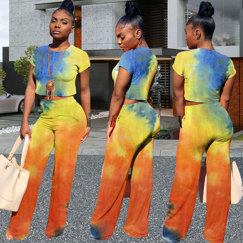 Tie Dye Short Sleeve Two Piece Pants Set