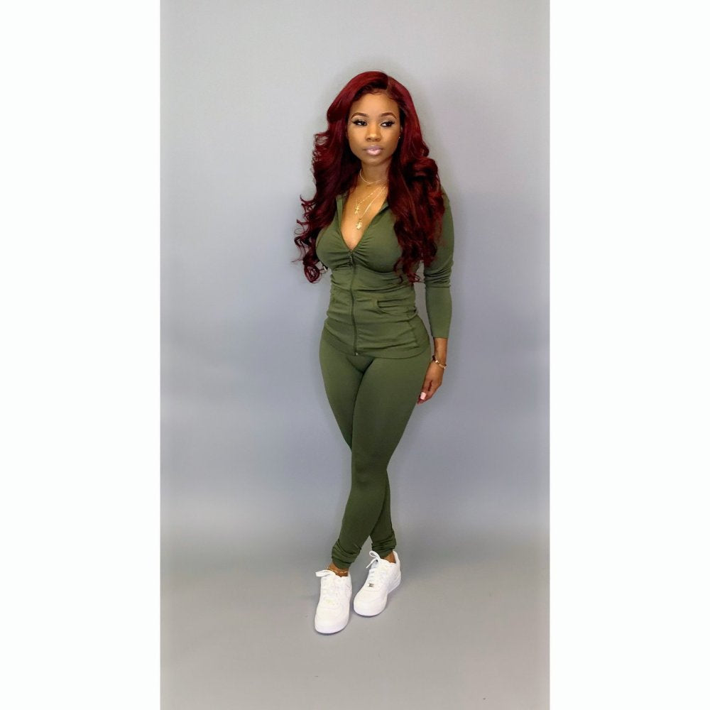 Solid color Hooded Zipper 2 Piece sets