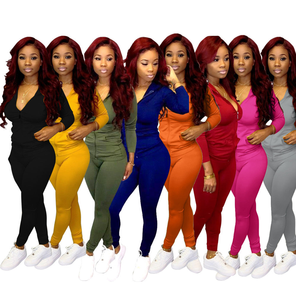 Solid color Hooded Zipper 2 Piece sets