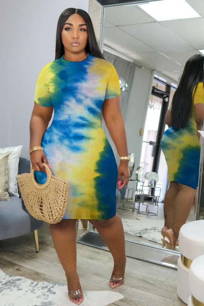 Tie Dye Print Short Sleeve Bodycon Dress