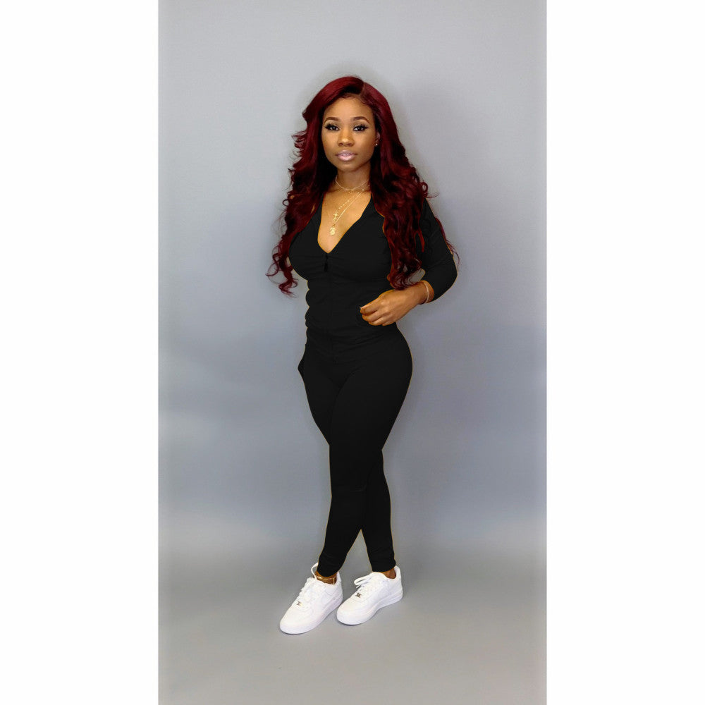 Solid color Hooded Zipper 2 Piece sets