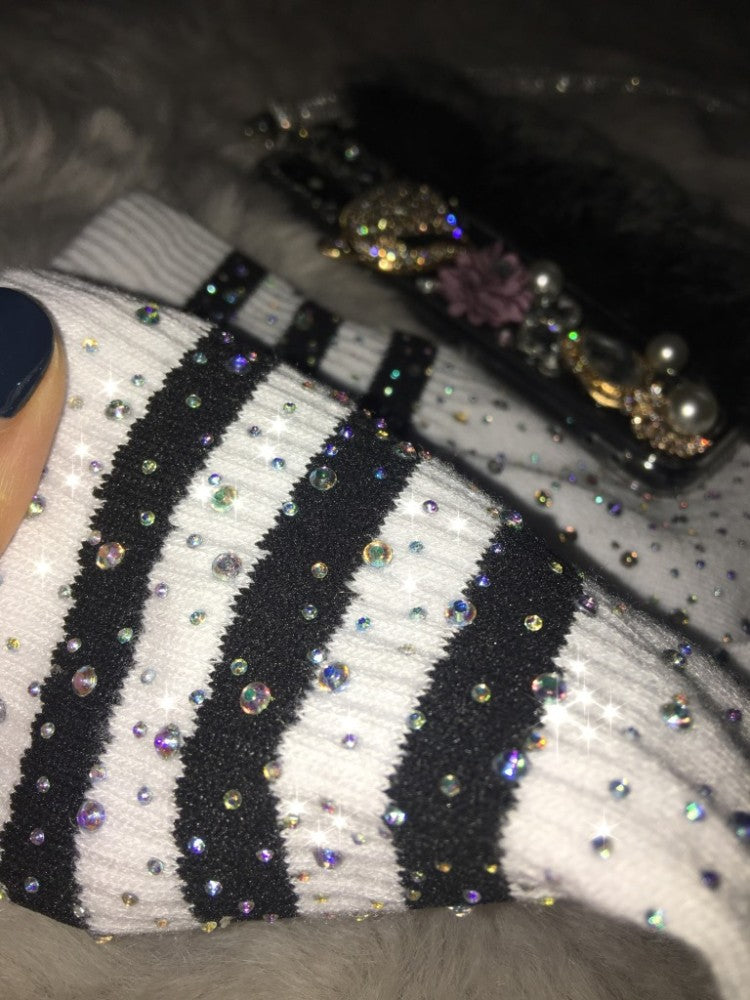 Rhinestone Knee high Striped Cotton Socks
