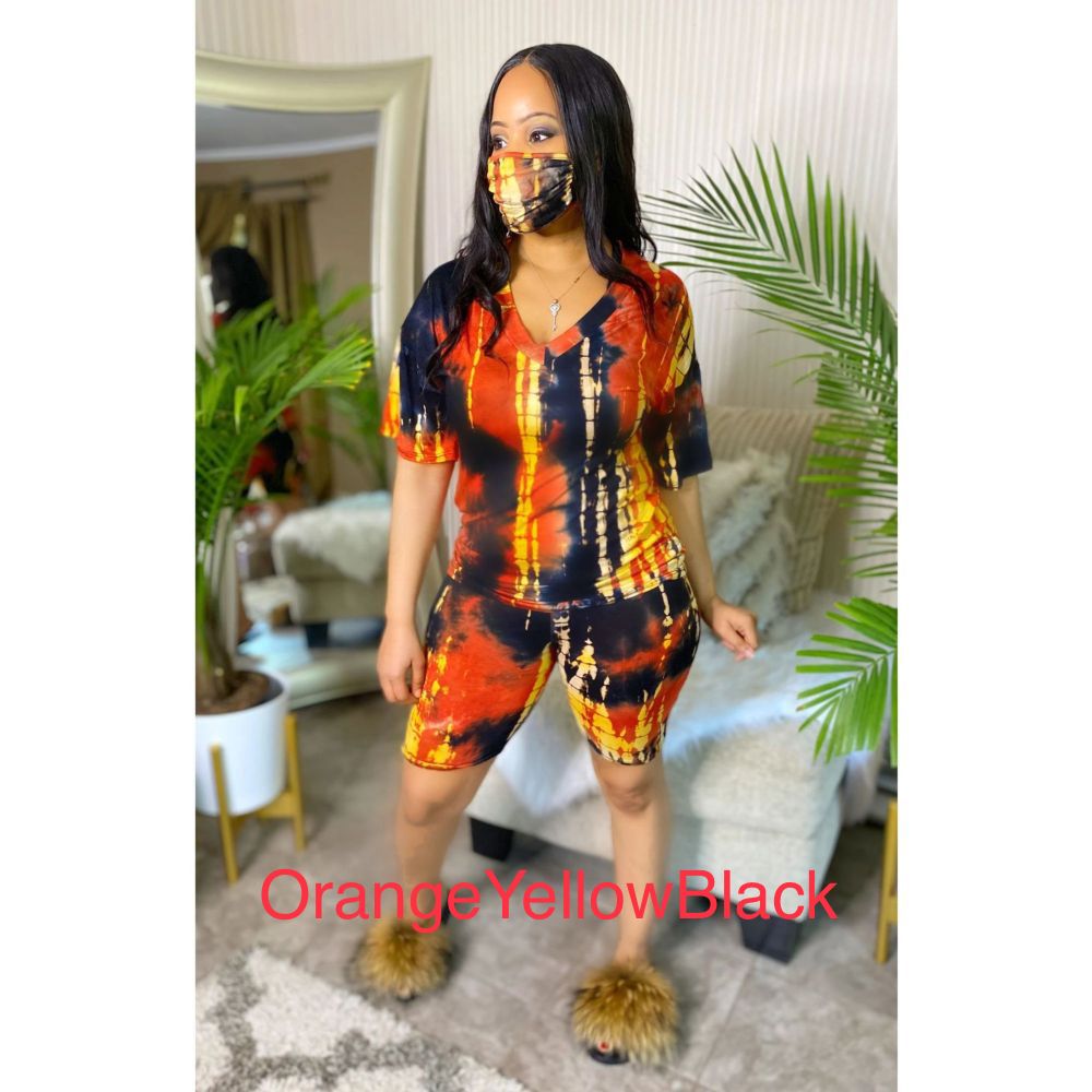 Tie Dye Print V Neck Two Piece Set With Mask