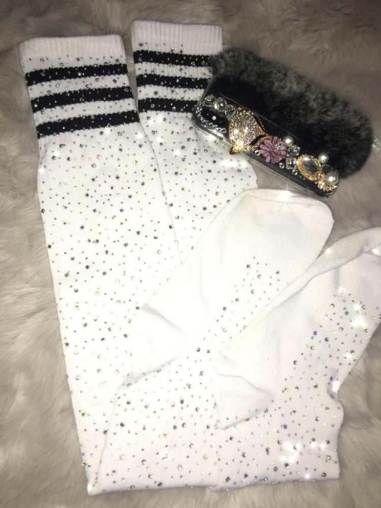 Rhinestone Knee high Striped Cotton Socks