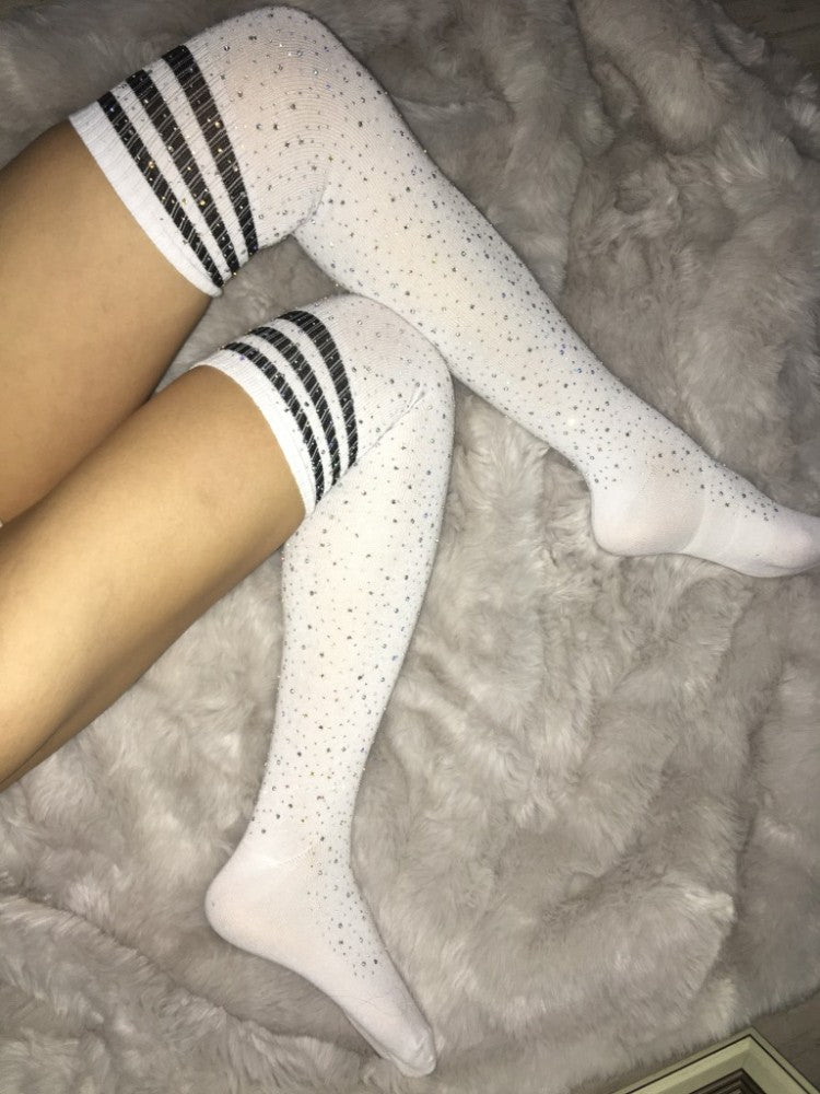 Rhinestone Knee high Striped Cotton Socks