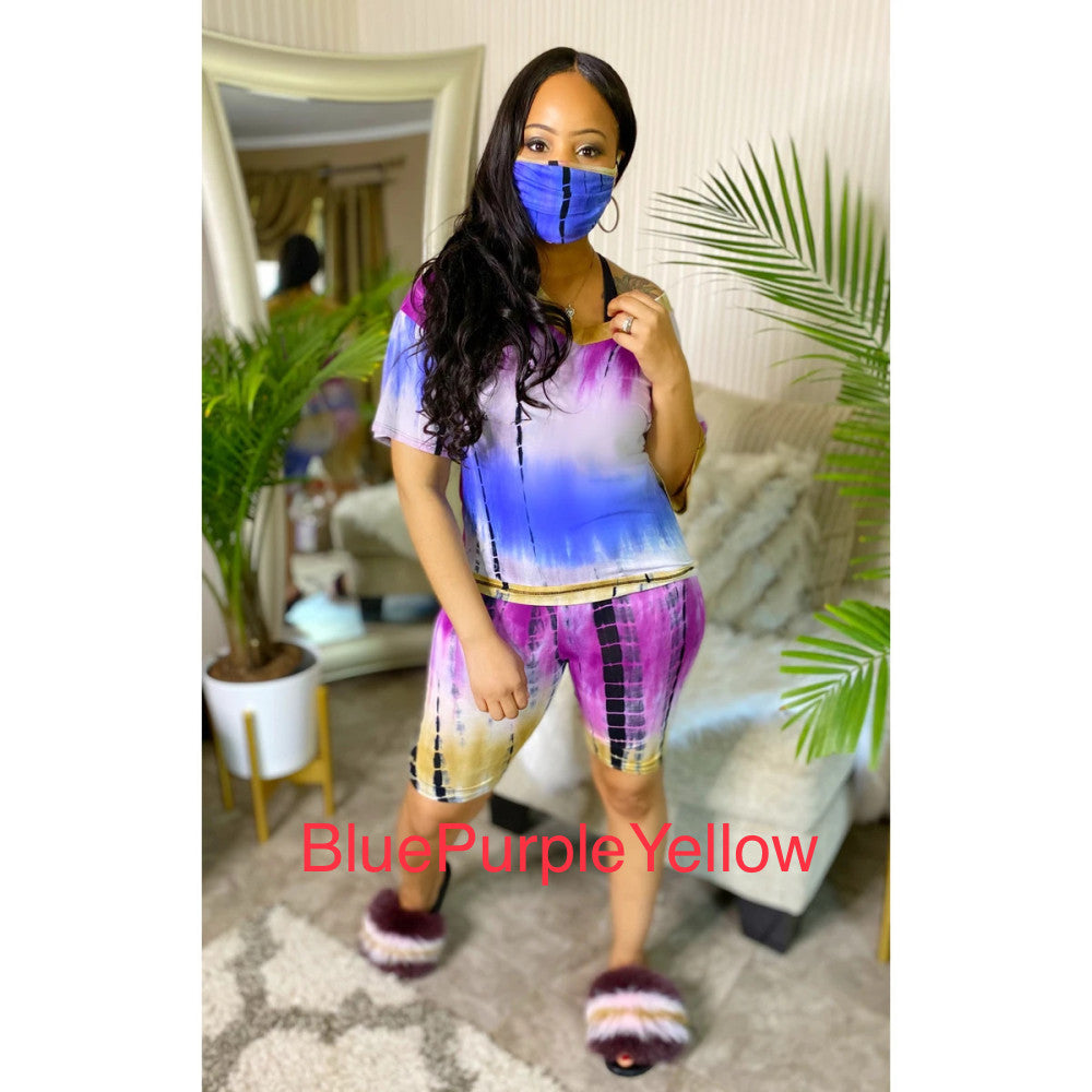 Tie Dye Print V Neck Two Piece Set With Mask