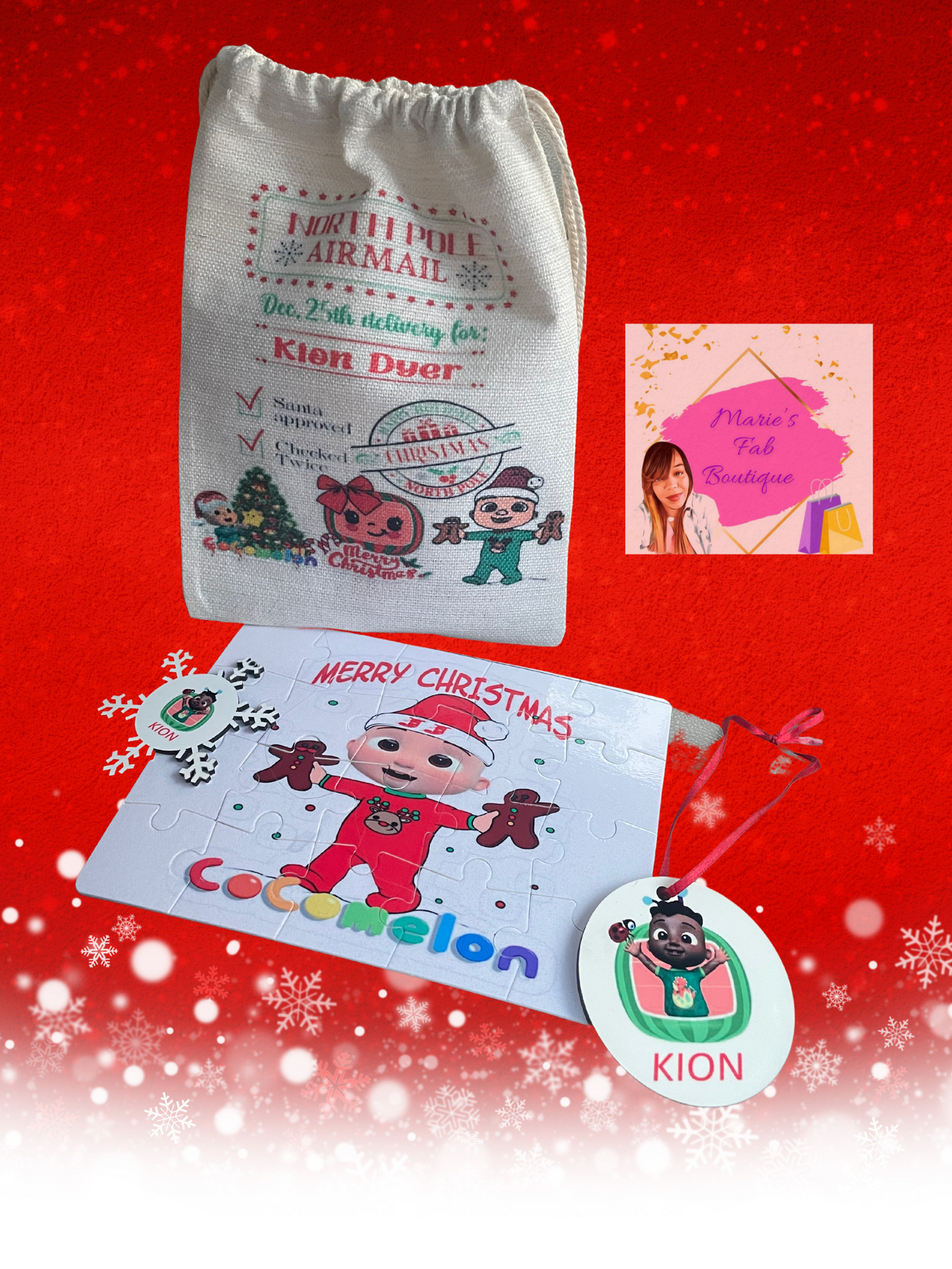 Personalized Santa Sacks with personalized ornament and puzzle