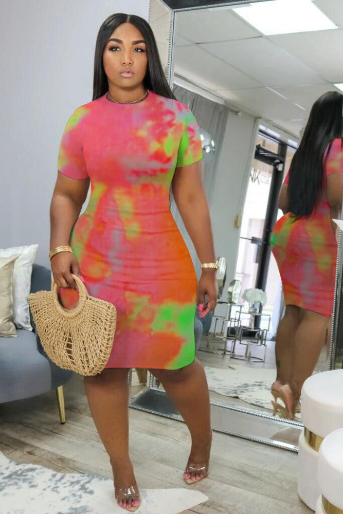 Tie Dye Print Short Sleeve Bodycon Dress