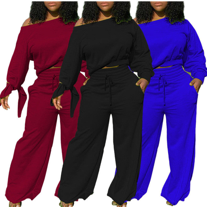 Solid Long Sleeve Wide Leg Pants Sets
