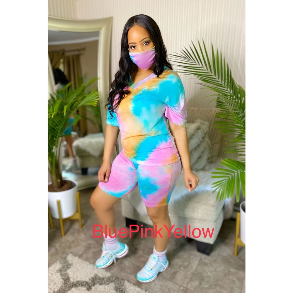 Tie Dye Print V Neck Two Piece Set With Mask