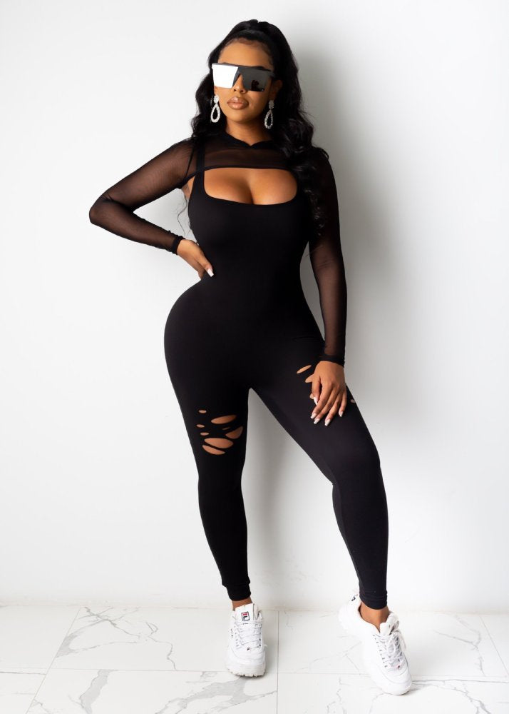 Sexy Sleeveless Jumpsuits With  Mesh  Crop Tops