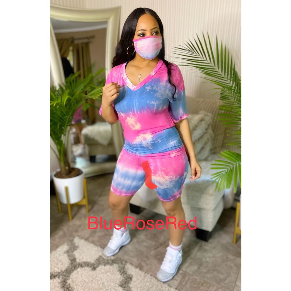 Tie Dye Print V Neck Two Piece Set With Mask