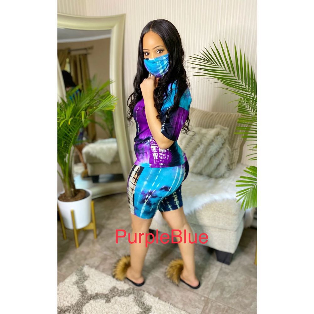 Tie Dye Print V Neck Two Piece Set With Mask