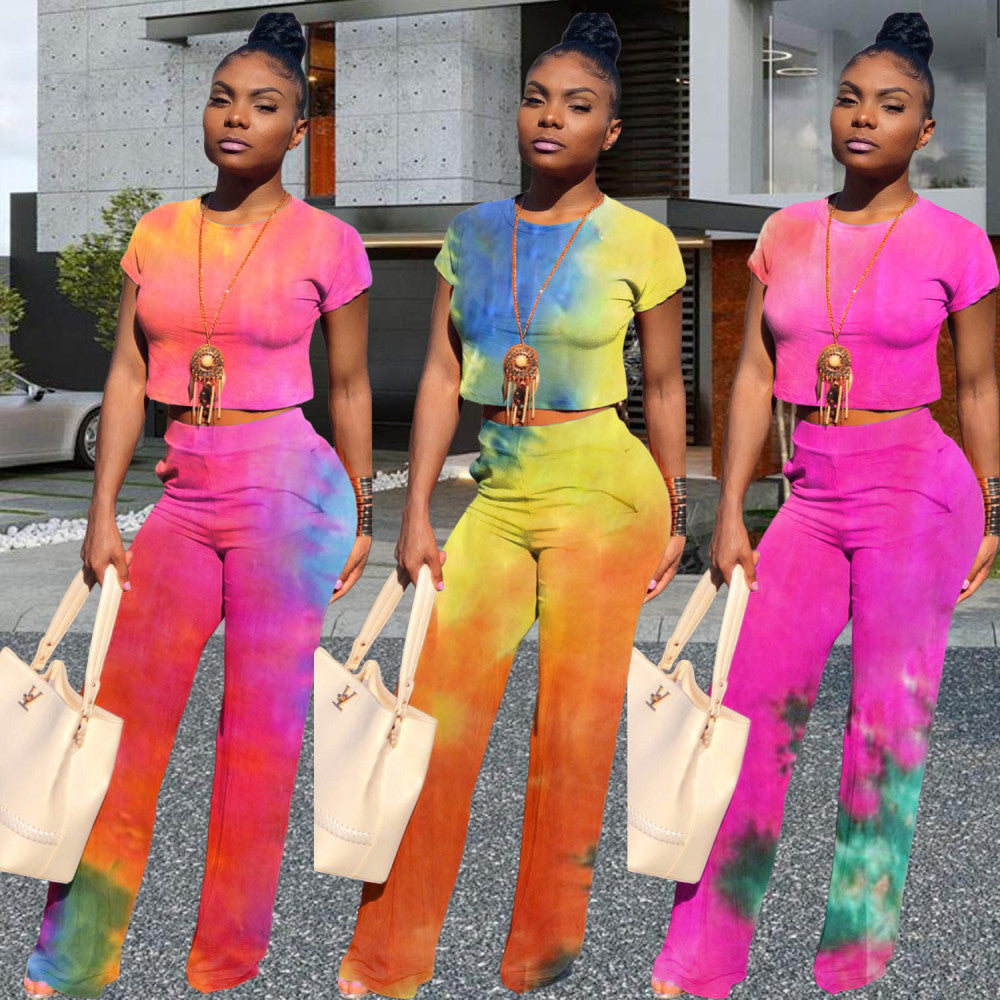 Tie Dye Short Sleeve Two Piece Pants Set